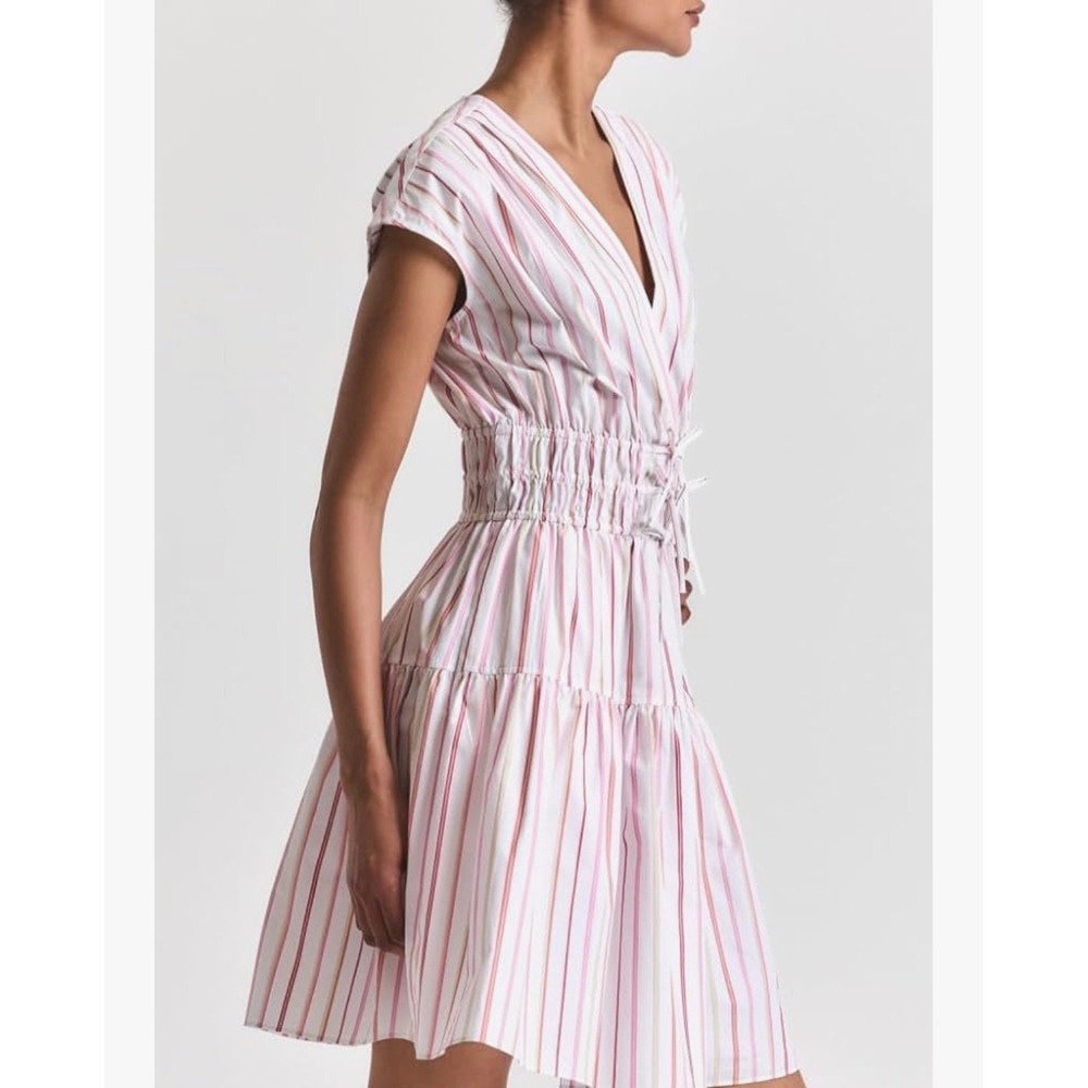Derek Lam 10 Crosby Tora Pink/White Striped Lace Up Smocked Waist Tiered Dress 4